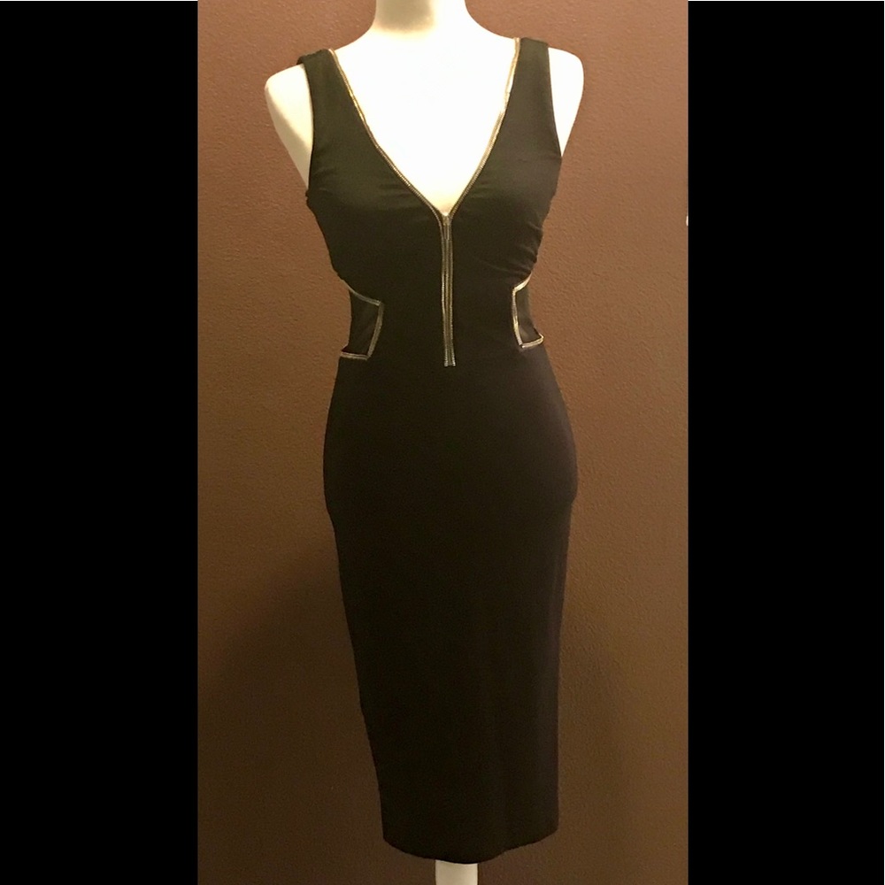 Bebe sheer sides w/ gold zippers midi-dress